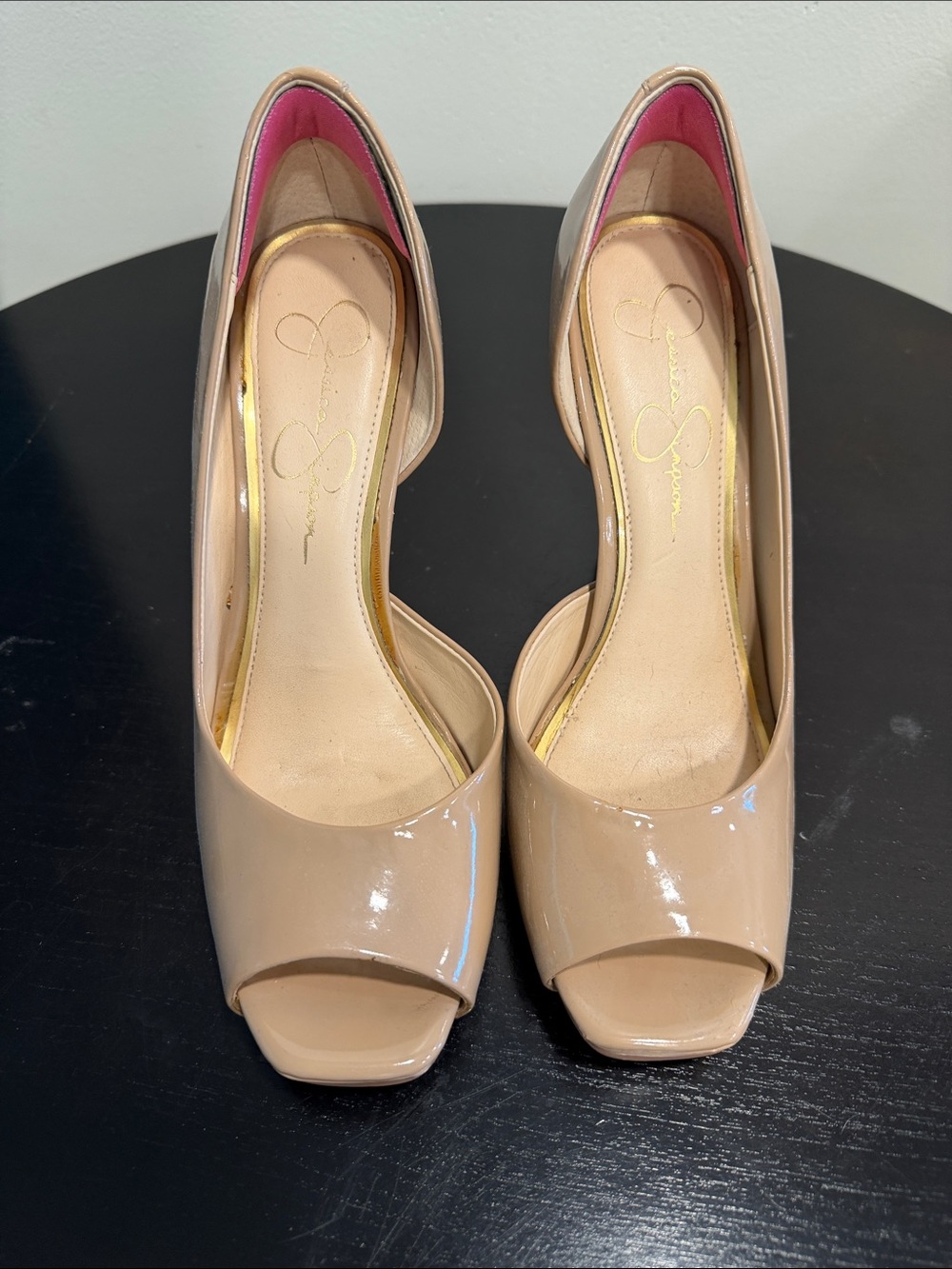 Jessica Simpson Beige Patent Peep-Toe Pumps